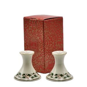 Royal Limited Holly Holiday Pair 4" Candle Holders Porcelain Gold Trim in Box